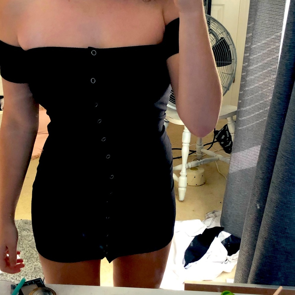 Black off the shoulder button up short dress